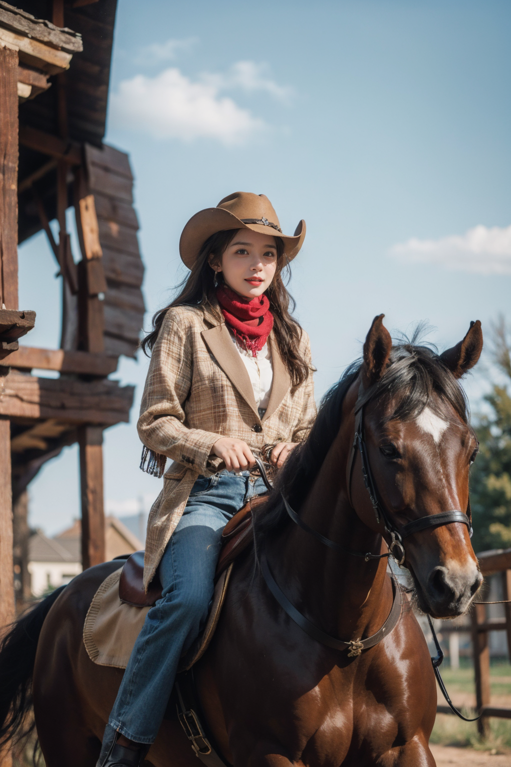 05908-774977027-, 1girl, cowgirl outfit, horseback riding, horse, wind, scarf, masterpiece, best quality, highly detailed, ,from below,.png